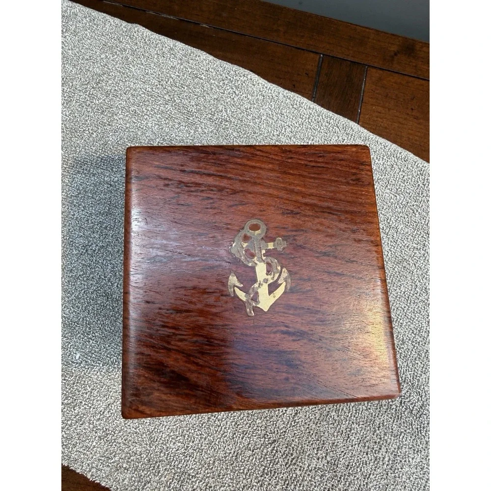 Large Antique Nautical Brass Copper Sundial Compass W/ Rosewood Inlay Box